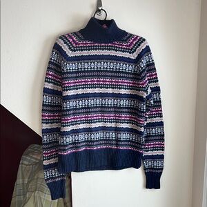 J. Crew Women's Navy Blue & Pink Fair Isle Turtleneck Sweater